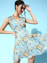 SASSAFRAS - Blue Floral Organza Side Cut Out Dress